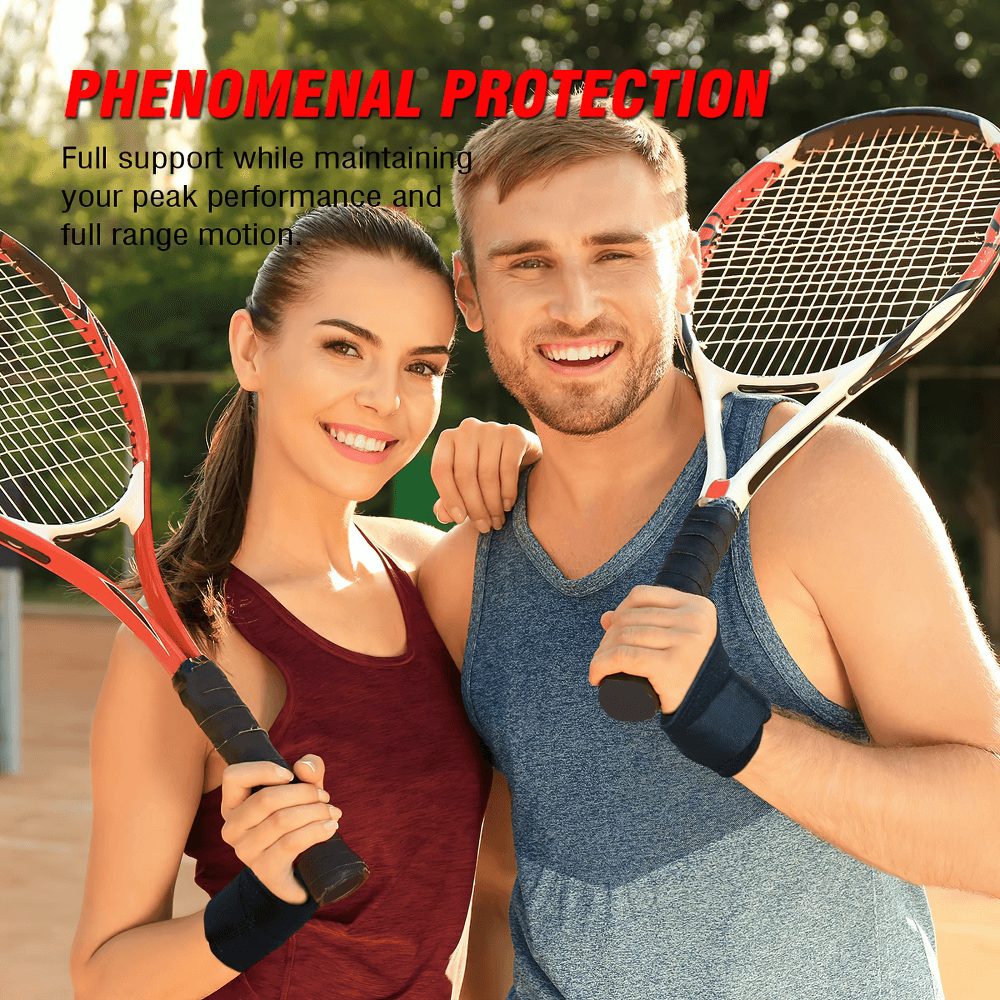 Smiling tennis players wearing adjustable wrist support braces holding rackets on the court.
